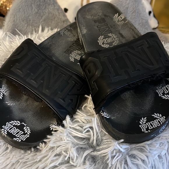 Victoria's Secret PINK Single Strap Leather fur  Slides in Black size 9 large - Picture 4 of 4